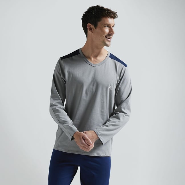 Pyjama long en coton gris + bleu marine <span itemprop=