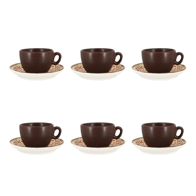 Lot de 6 tasses 16cl avec soucoupes en porcelaine, PALAZZO Couleur marron-rouge <span itemprop=