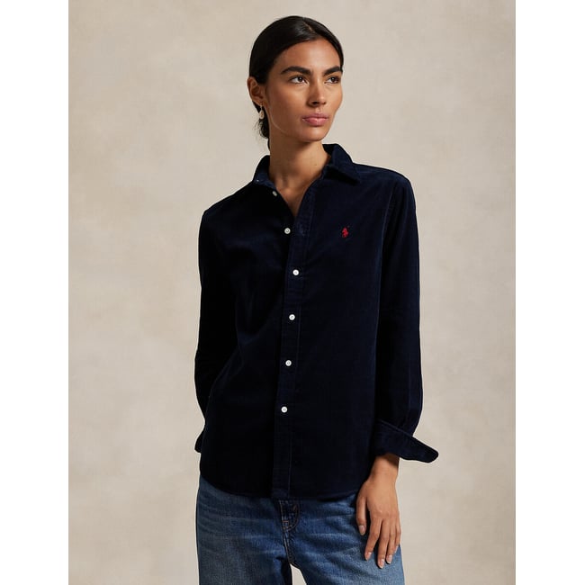 Chemise à manches longues en velours marine <span itemprop=