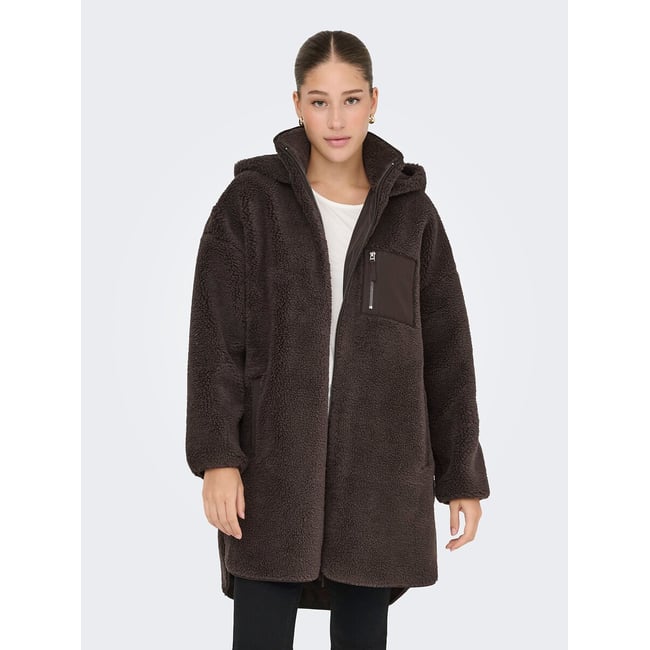 Casaco de comprimento médio em sherpa, com fecho e capuz castanho-chocolate <span itemprop=
