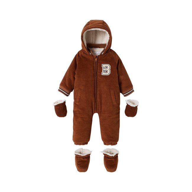 Combi-pilote en velours côtelé avec pieds et moufles détachables beige <span itemprop=