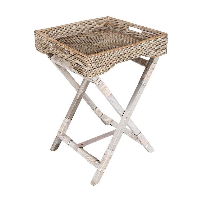 Plateau sur pied en rotin patiné blanc Couleur multicolour <span itemprop=