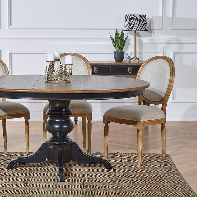 Table ronde en chêne 1 rallonge 4/6 couverts ARIANE Couleur noire <span itemprop=