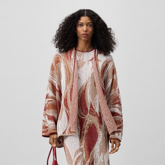 Veste kimono jacquard en lin mélangé bordeaux/écru <span itemprop=