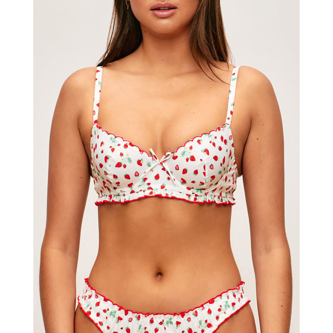 Soutien-gorge corbeille en popeline de coton à motif fraises BRUNCHCLUBBIZ ecru <span itemprop=