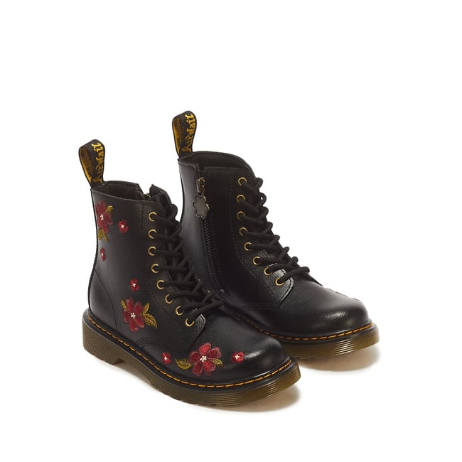 Boots à fleurs en cuir, 1460 Junior Lamper noir <span itemprop=