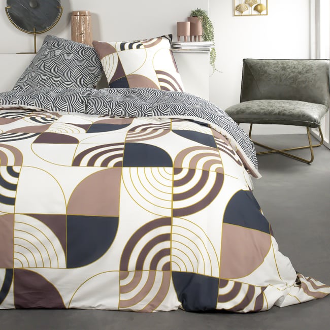 Parure de lit coton 2 personnes imprimé graphique SUNSHINE blanc <span itemprop=