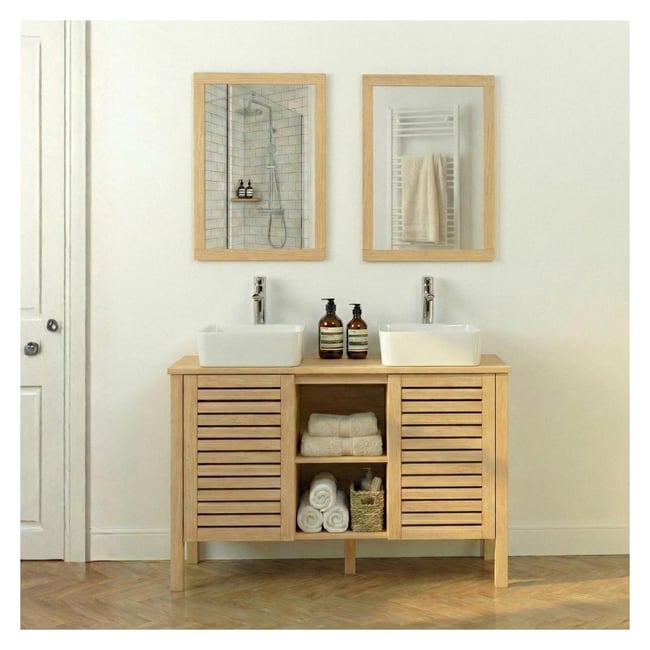 Meuble double vasque sur pieds en chêne naturel 120 cm TALIX Couleur chêne <span itemprop=