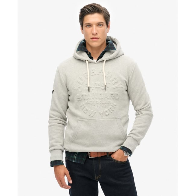 Sweat à capuche à logo en relief pierre ponce beige chiné <span itemprop=