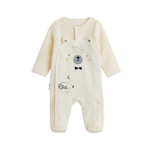 Pyjama bébé en velours ouverture pont Flocon ecru <span itemprop=