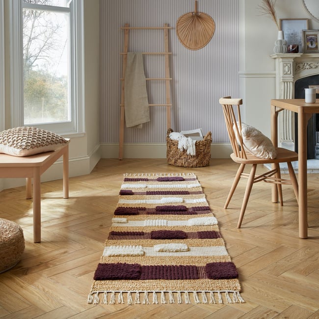 Tapis de couloir jute et laine MEDINA BLOCKS Couleur violet <span itemprop=