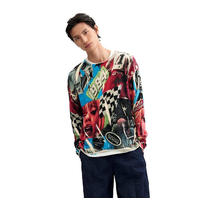 Pull imprimé collage multicolore <span itemprop=