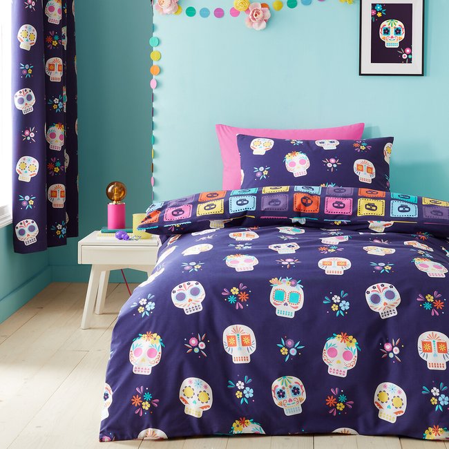 Sugar Skulls Fiesta Duvet Cover and Pillowcase Set, purple, CATHERINE LANSFIELD