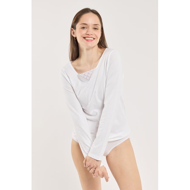 T-shirt col V manches longues - coton peigné doelan blanc 2241 <span itemprop=