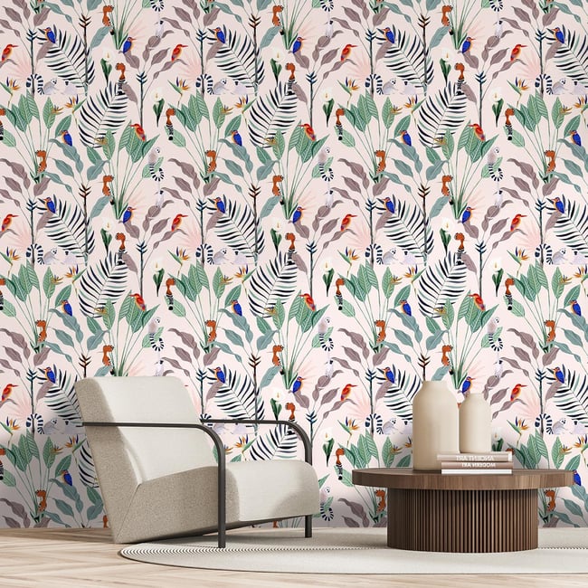 Papier peint oiseaux et lémuriens Couleur intissé <span itemprop=