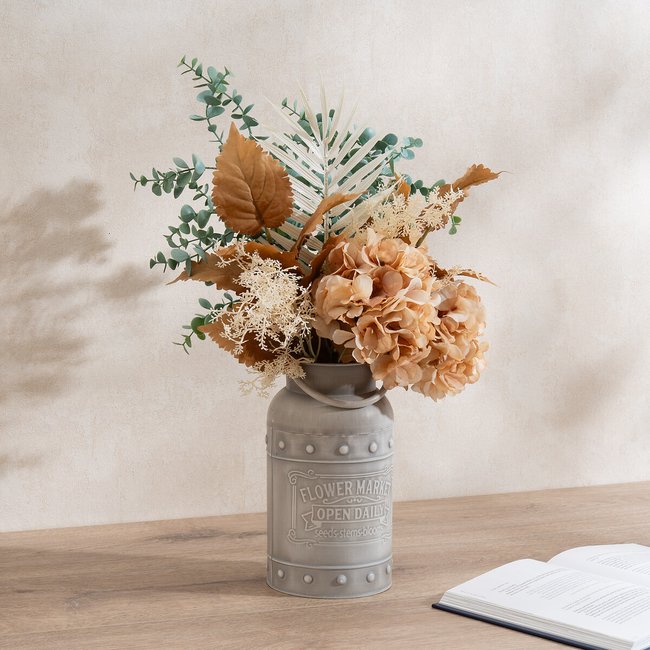 48cm Artificial Dry-Look Hydrangea and Eucalyptus Bouquet in Churn Vase, grey, SO'HOME