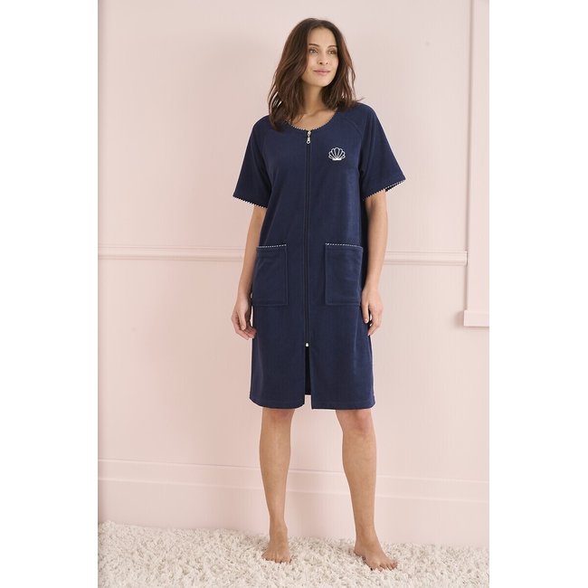 Vestido para estar en casa de tejido de rizo azul marino <span itemprop=