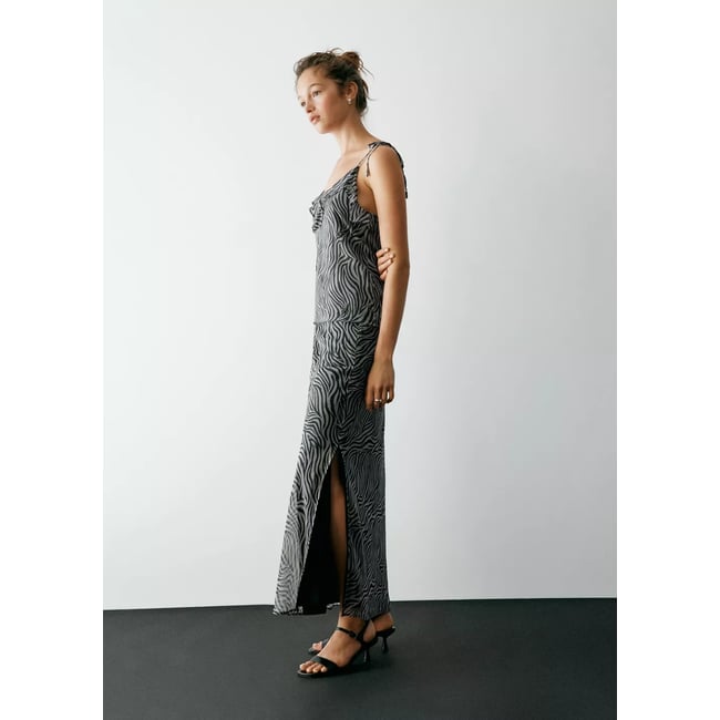 Jupe longue imprimée zèbre fendue marron <span itemprop=