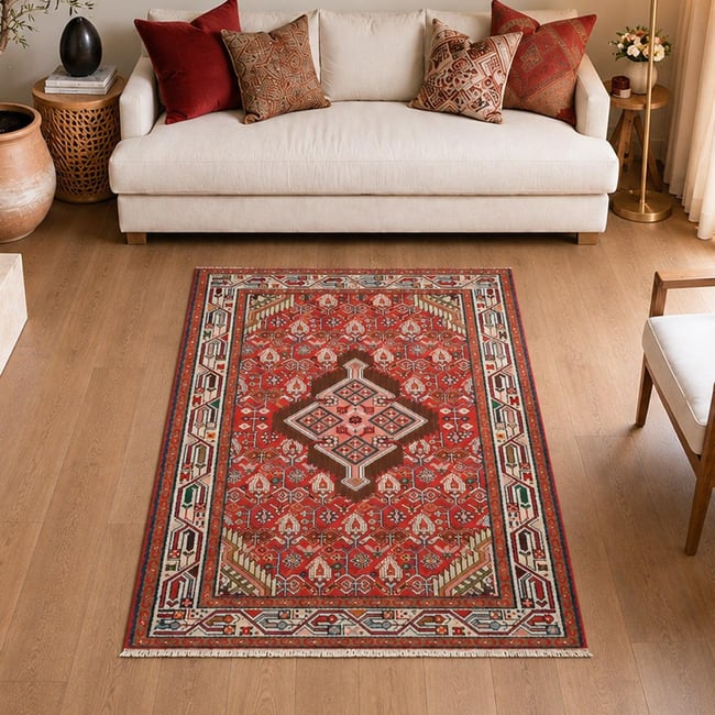 Tapis d'orient aux motifs orientaux, noué main, HAMADAN 19 Couleur rouge, crème, marron <span itemprop=