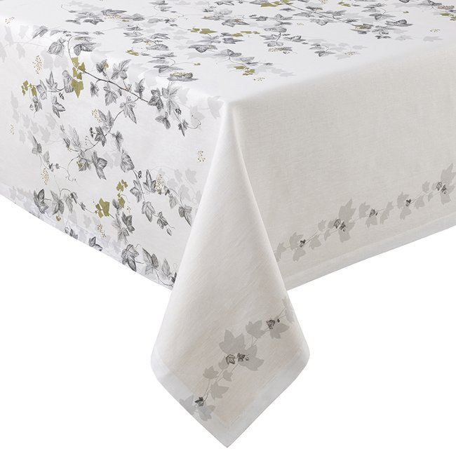 Nappe en lin imprimée et brodée, LIERRE blanc <span itemprop=