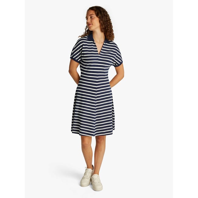 Robe-polo rayée évasée marine/blanc <span itemprop=