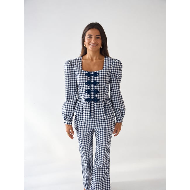 Blouse vichy col carré brandebourgs ROME bleu marine / blanc <span itemprop=