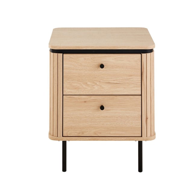 Table de chevet 2 tiroirs avec côtés effet rainuré H55 cm - MALAGA Couleur bois clair <span itemprop=