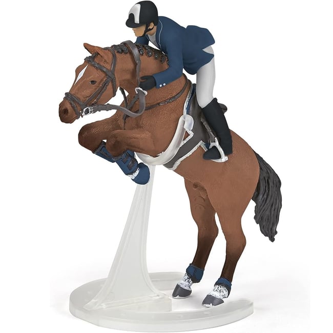 Figurine Cheval de saut d'obstacle et son cavalier marron <span itemprop=