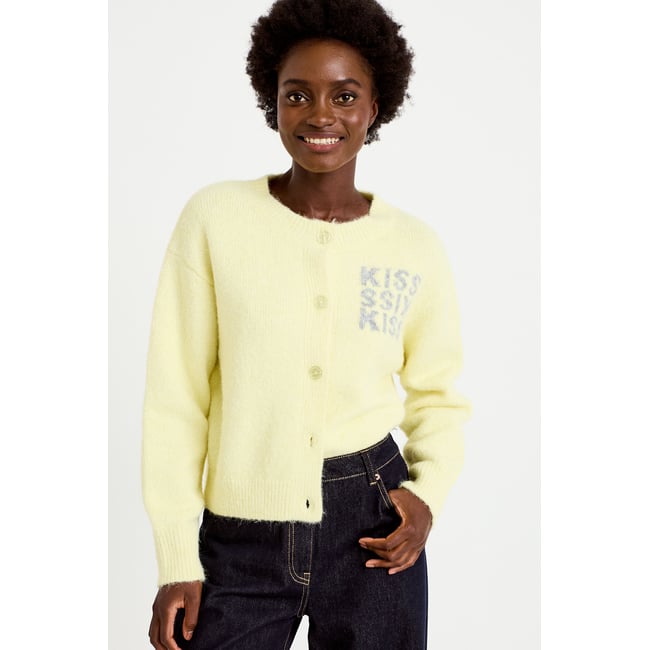 Gilet ample col rond manches longues jaune clair <span itemprop=