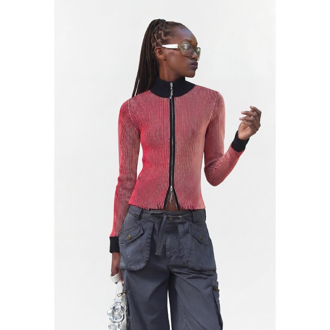 Pull zippé en maille côtelée rouge <span itemprop=