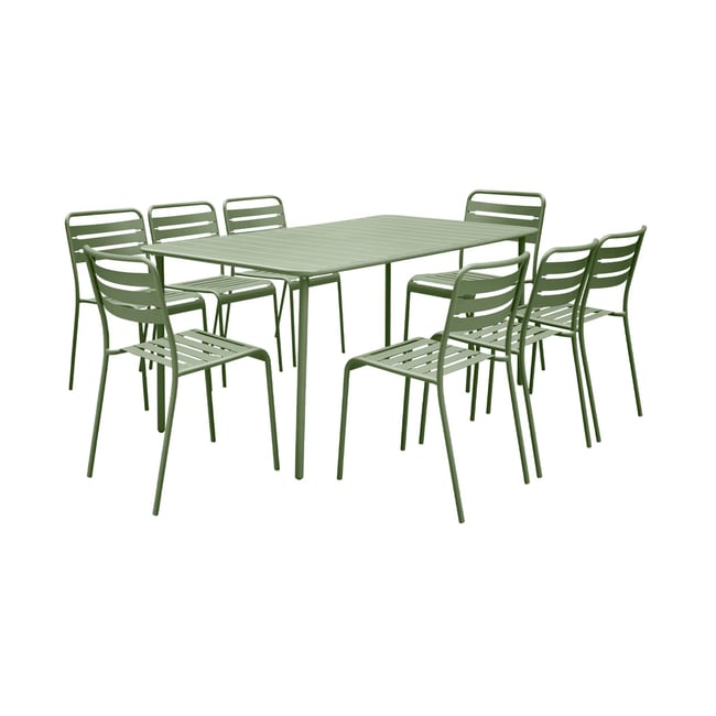 Table de jardin métal + 8 assises AMÉLIA vert <span itemprop=
