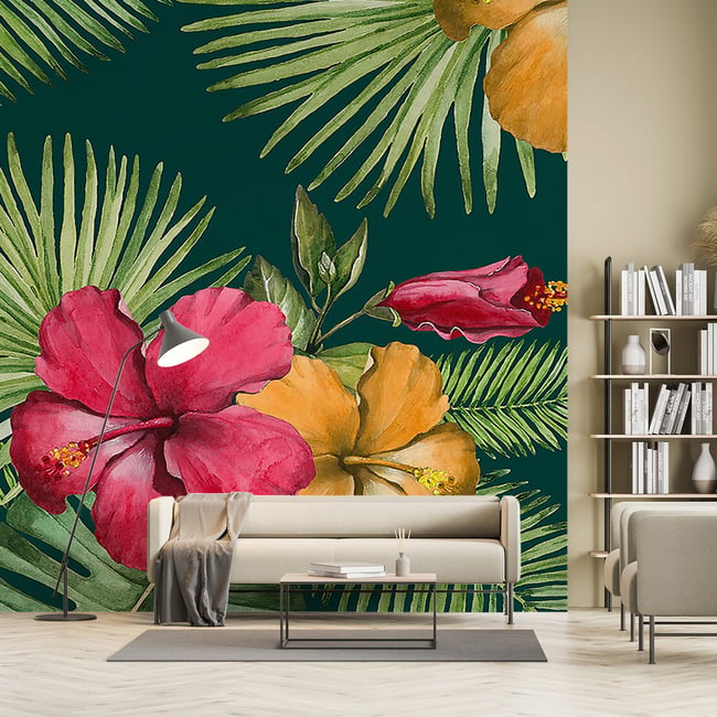 Papier peint fleurs d hibiscus Couleur intissé <span itemprop=