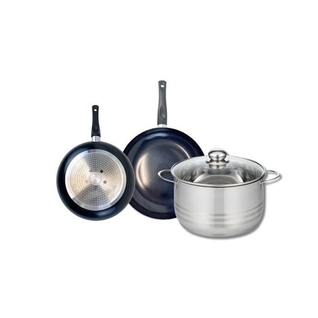 Batterie 2 poêles 20/24cm + 1 faitout 24cm PRIMA BRILLANT noir <span itemprop=