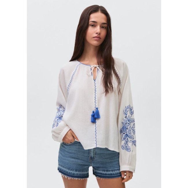 Blouse brodée manches bouffantes blanc cassé <span itemprop=