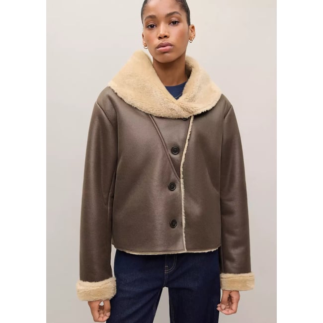 Manteau double face effet mouton marron <span itemprop=