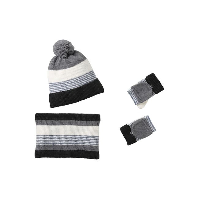 Ensemble bonnet + snood + gants rayés gris <span itemprop=