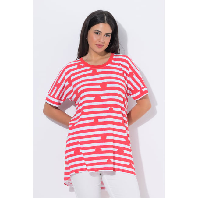 T-shirt oversize pois/rayures corail <span itemprop=