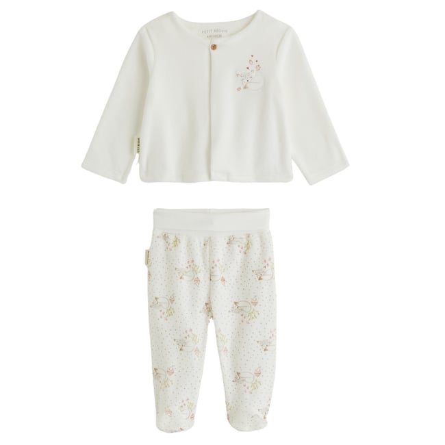 Ensemble bébé gilet et pantalon avec pieds en velours Doucette ecru <span itemprop=