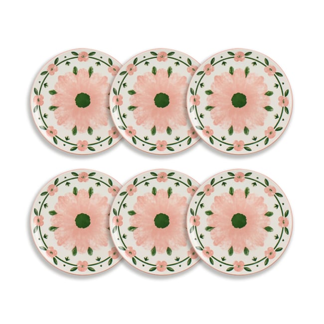 Lot de 6 assiettes plates 27cm en porcelaine, PRIMAVERA Couleur blanc-rose <span itemprop=
