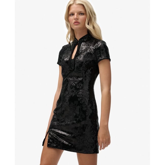 Mini-robe à sequins avec col Mao sequins noirs <span itemprop=