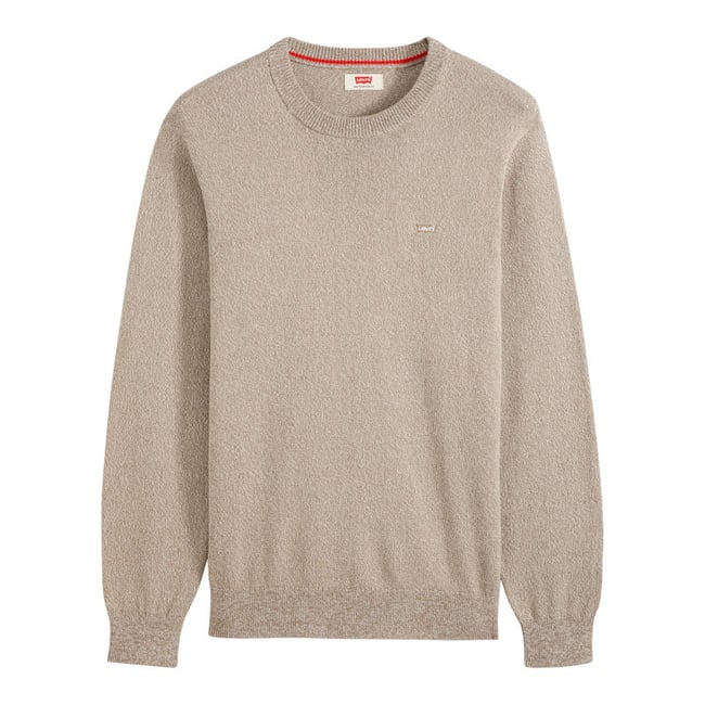 Pull en coton écru à coupe droite pourvu de manches longues et d'un col rond beige <span itemprop=