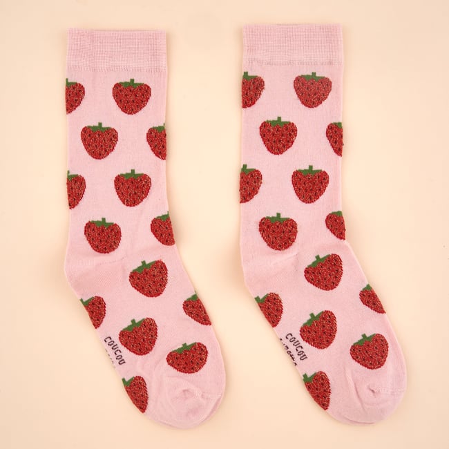Chaussettes à paillettes FRAISE rose avec fraises à paillettes <span itemprop=