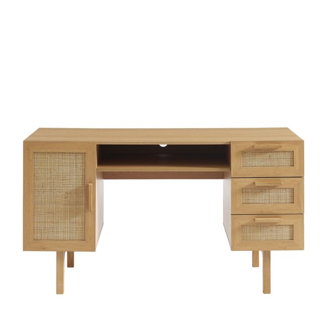 Bureau 1 porte 3 tiroirs en bois et cannage L135cm- JUNE Couleur bois clair <span itemprop=