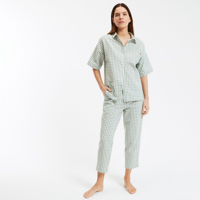 Pijama com estampado vichy verde amêndoa <span itemprop=