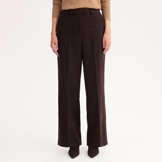 Pantalon large, effet flanelle, taille haute marron <span itemprop=