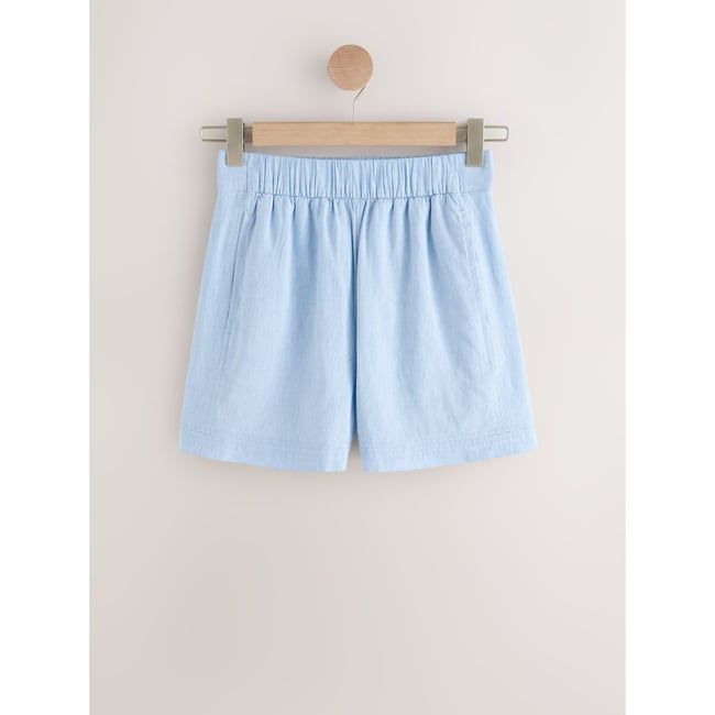 Short en lin mélangé chambray bleu <span itemprop=