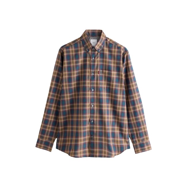 Chemise oxford standard boutonnée carreaux bleu marine/jaune <span itemprop=