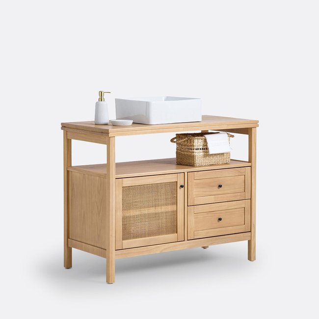 Meuble sous vasque en pin massif L100 cm, Gabin Couleur naturel <span itemprop=