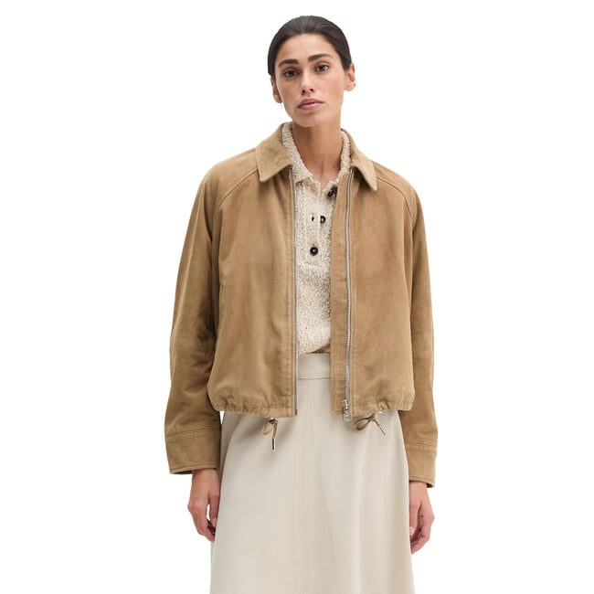 Veste en cuir relaxed en cuir de chèvre velours doux marron <span itemprop=