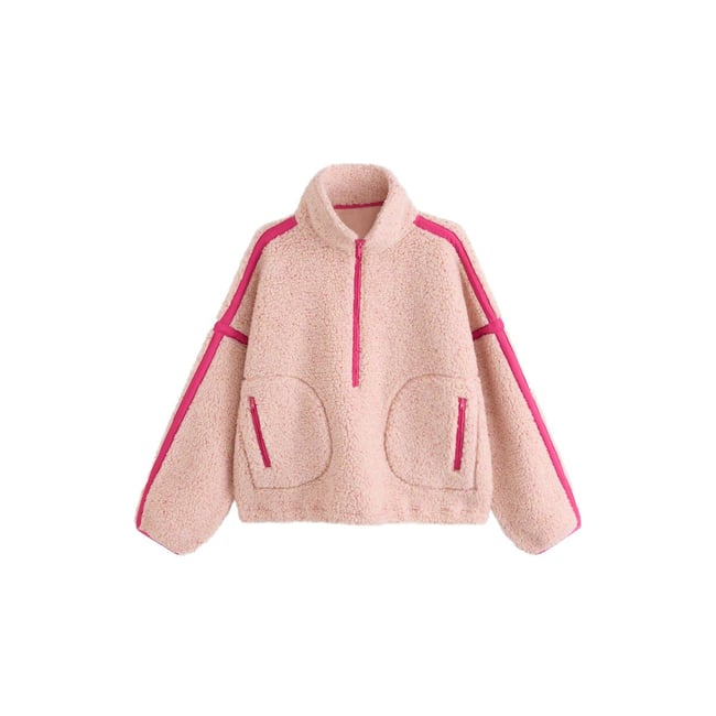 Veste en imitation mouton à col zippé rose <span itemprop=